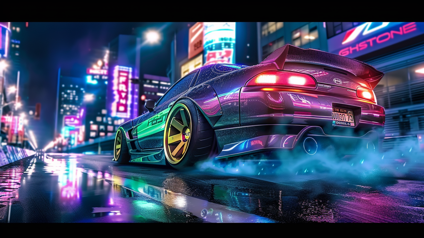 A neon-lit street-racing coupe drifting through a rain-slicked city at night